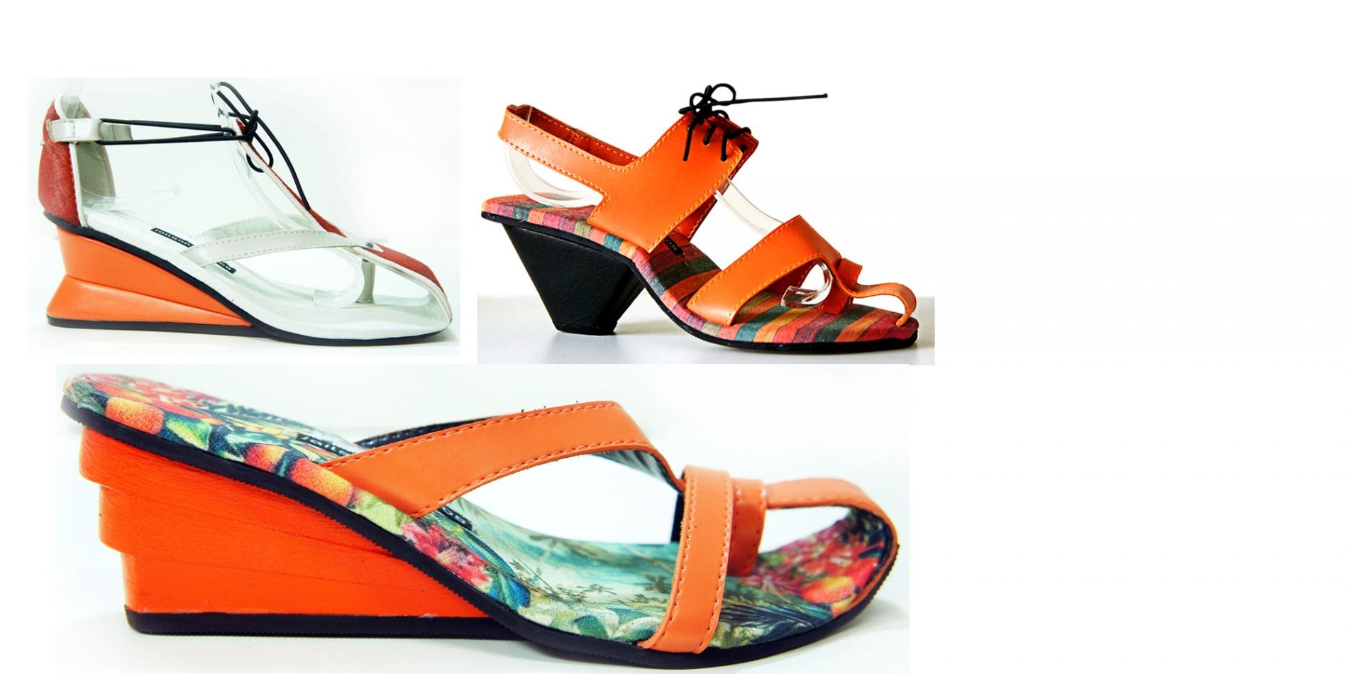 Amostra da coleção: o tom laranja está presente nos couros e nas estampas das sandálias